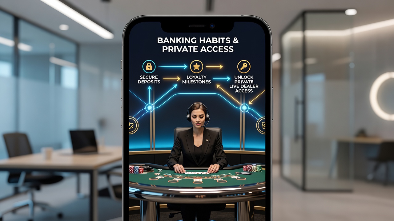 Illustration von gestaffelten VIP-Stufen und Live-Dealer-Tischen in mobilen Casino-Umgebungen