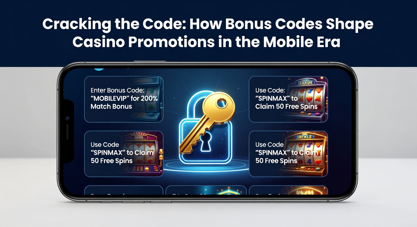 Smartphone mit Casino-App und Bonuscode-Eingabe auf dem Bildschirm, umgeben von promotionalen Grafiken