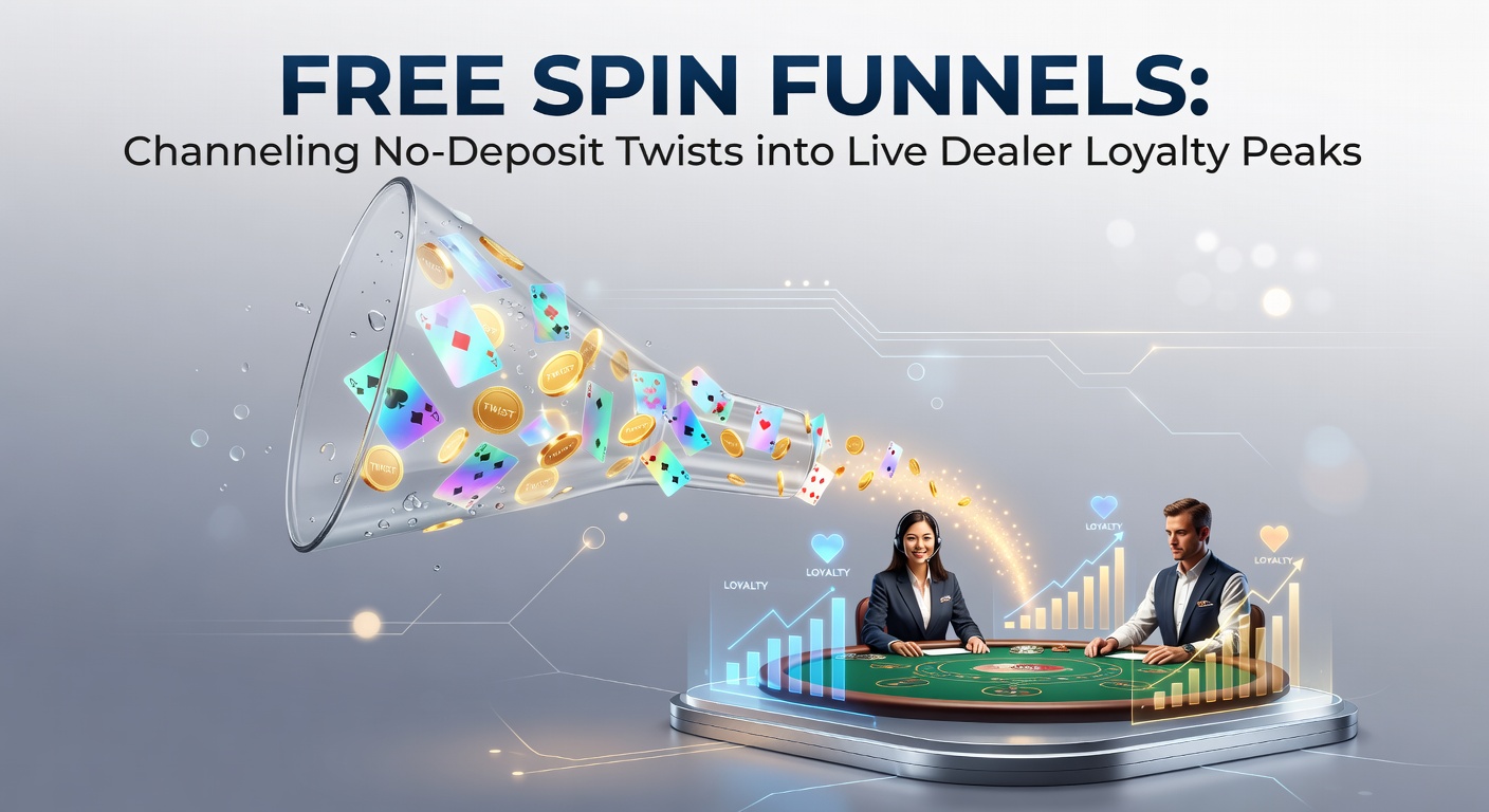 Grafik eines Trichters, der Free-Spin-Symbole von No-Deposit-Boni zu Live-Dealer-Tischen und VIP-Stufen leitet, mit glühenden Slots und Roulette-Rädern