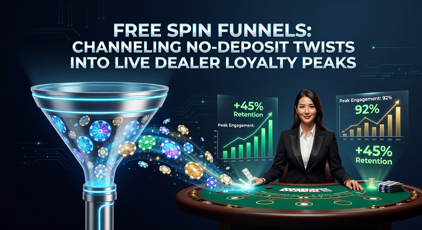 Visuelle Darstellung eines Spielerpfads: Free-Spin-Symbole fließen durch einen Trichter zu Live-Roulette-Tischen mit VIP-Symbolen und Treuestufen, umgeben von Datenströmen und Wachstumspfeilen