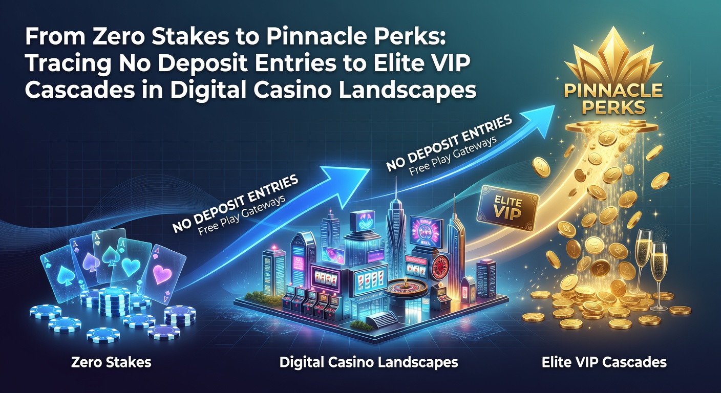 Grafik zeigt den Aufstieg von No-Deposit-Boni zu VIP-Stufen in Online-Casinos, mit stufenweisen Perks und Treppenmotiv
