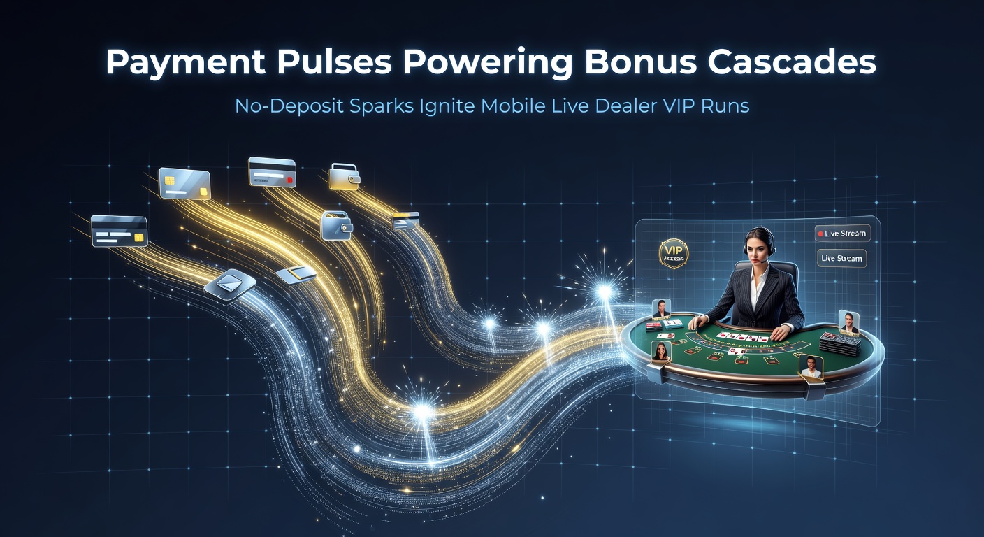 Visuelle Darstellung einer Bonus-Kaskade, beginnend mit No-Deposit-Symbol, überfließend in Live-Dealer-Tische und VIP-Level in einer mobilen App-Umgebung